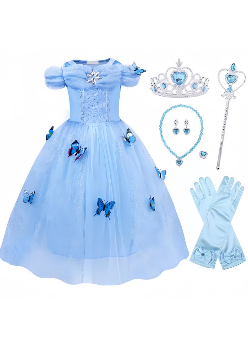 عالم البالونات طقم فستان تنكري رائع للأميرات مع مجموعة إكسسوارات - فستان الأميرة صوفيا وأورورا وسندريلا مع مجموعة إكسسوارات، فستان أزرق أنيق بأكمام منتفخة. - Image 1